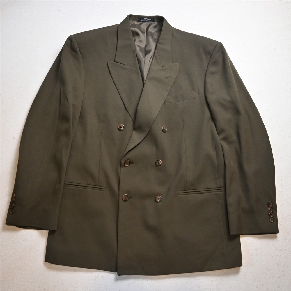 Vtg Double Breasted 40R Olive Green Brown Wool Mens Blazer Jacket Sport Coat
